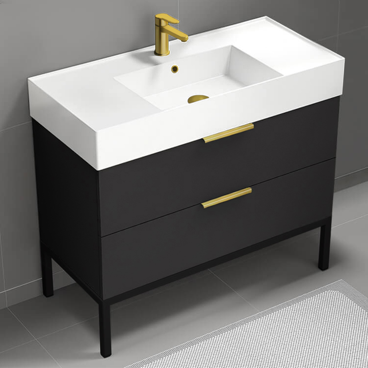 Bathroom Vanity Modern Black Bathroom Vanity, 40 Inch, Gold Handles, Free Standing Nameeks DERIN348